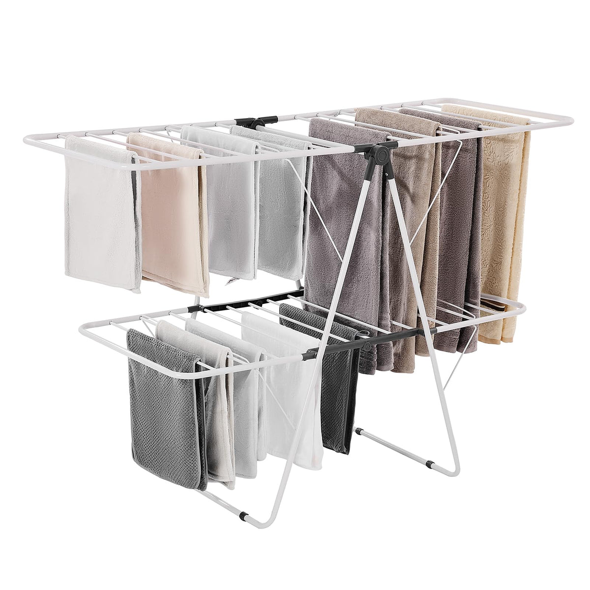 VEVOR Clothes Drying Rack, 2-Tier Foldable Laundry Dryer Rack with Sock Clips & 21 Drying Rods, Metal Height Adjustable Drying Racks for Outdoor & Indoor, Free-Standing & Space-Saving Hanger, White