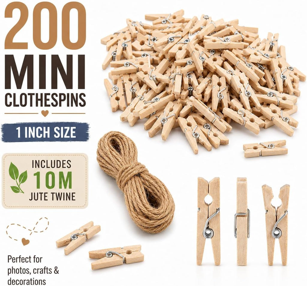 200 PCS Mini Clothespins for Photos, 1 Inch Mini Wooden Clothespins with 10M Jute Twine, Small Clothes Pins, Tiny Photo Clips, Wooden Clips for Picture Display, Crafts, Scrapbooking, Party Decorations