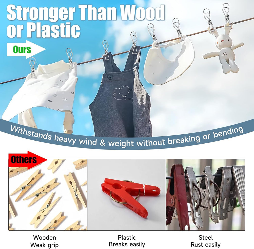 Large Metal Clothes Pins Heavy Duty (20 Pack), 3.4” Stainless Steel Wire Clothespins Outdoor Indoor with Storage Bag, Thick 2.5 mm Rust-Proof Laundry Clips, Strong Clothespin & Metal Bag Clips