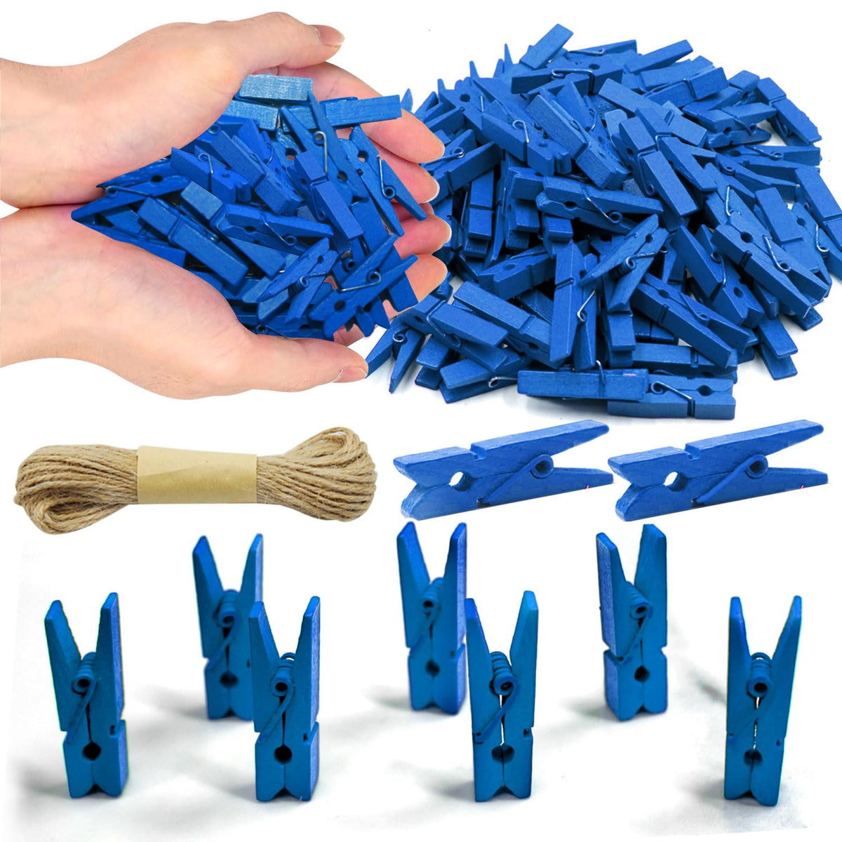 1.35 Inch Mini ClothesPins for Photo【100 Pcs】 with 32 Feet Jute Twine，Mini Clothes Pins for Crafts,Wooden Small Clothes Pins for Pictures,Tiny Decorative Clothespins for Baby Shower(Natural Color)