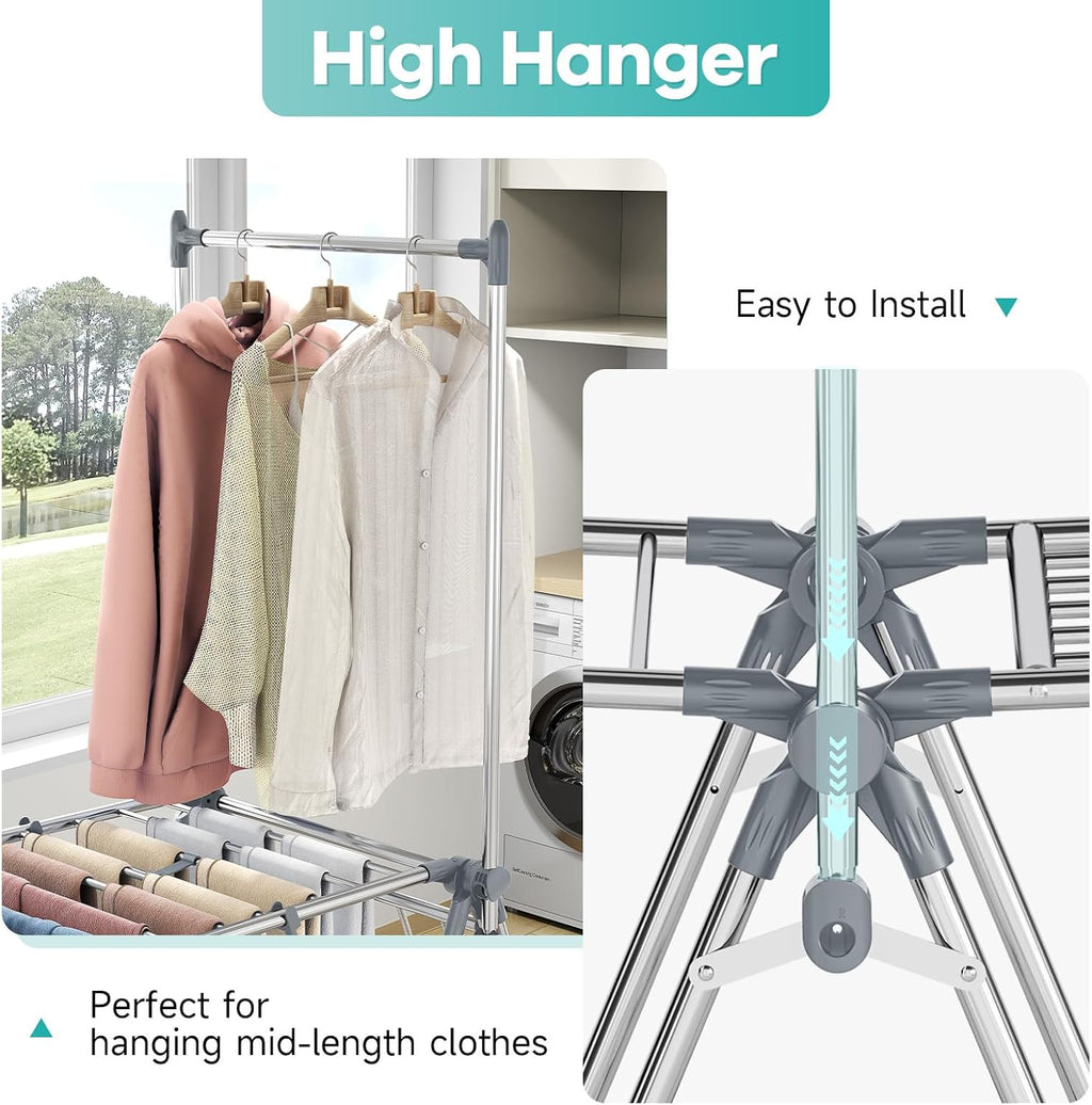 APEXCHASER Clothes Drying Rack with High Hanger, 3-Level Drying Racks