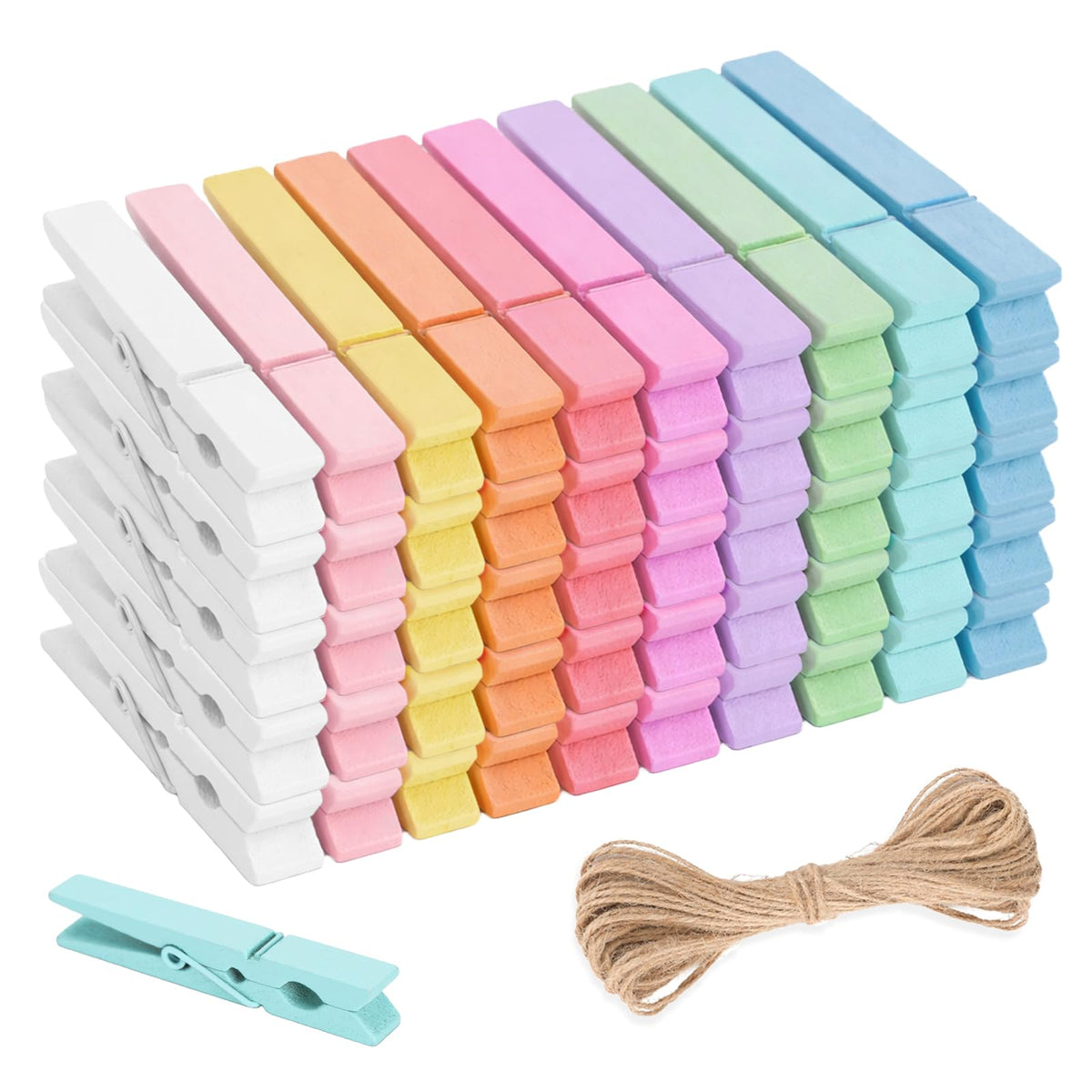 KINGLAKE Colored Clothes Pins Wooden - Colored Clothespins for Crafts 2.9 Inch,50 Pcs 10 Colors Colorful Clothespins Clips with Jute String for Hanging Pictures,Photo Displays,Classroom Arts Crafts