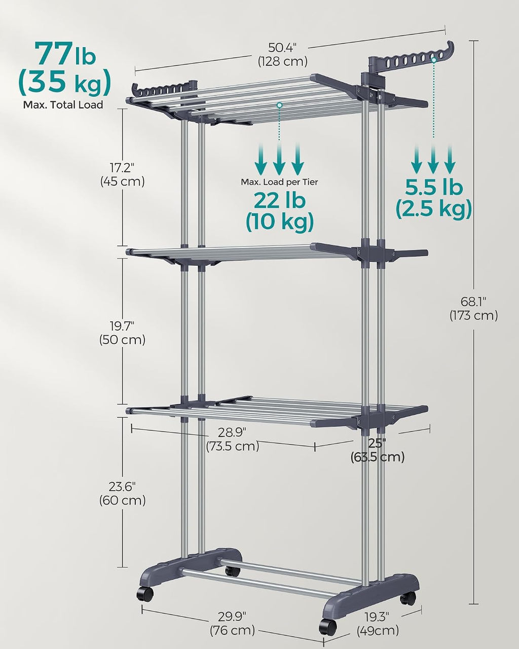 SONGMICS 4-Tier Clothes Drying Rack, Foldable, Rolling, 66.6-Inch Tall