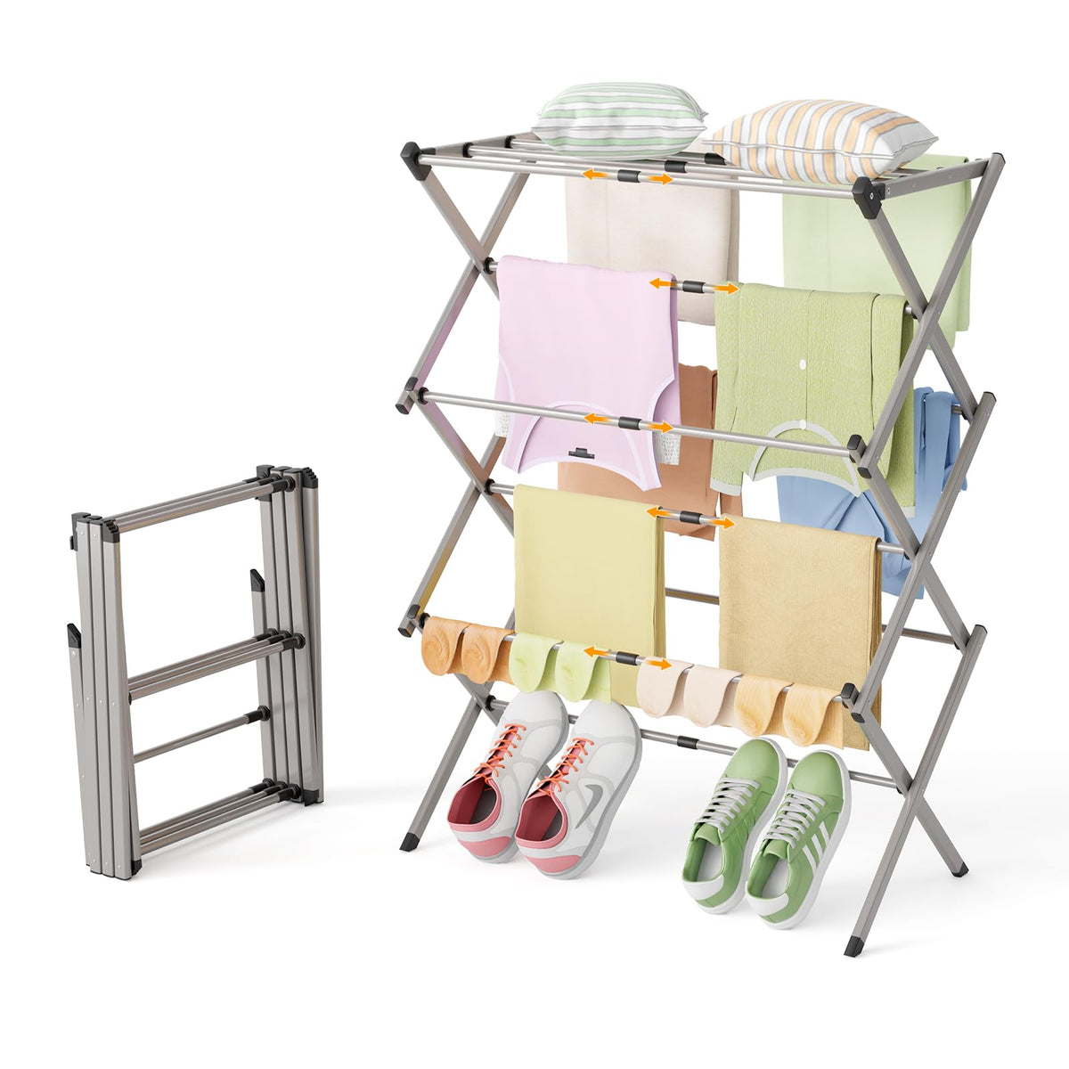 Foldable Clothes Drying Rack - 3-Tier Laundry Drying Rack, Collapsible Metal Indoor Airer, Portable X-Type Clothing Dryer with Shoe Hanger for Home & Balcony (No Assembly Required)