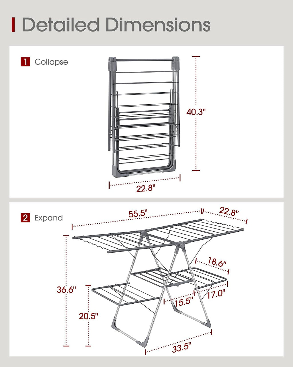 Sakugi Clothes Drying Rack, Foldable 2-Level with 55.5" Adjustable Wings