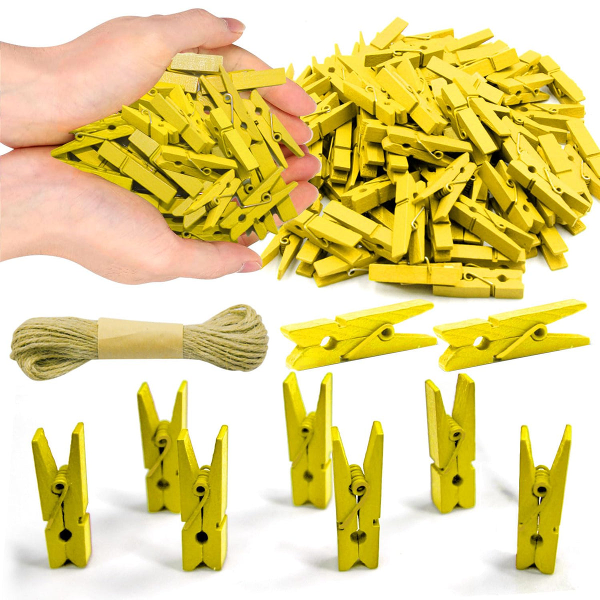 1.35 Inch Mini ClothesPins for Photo【100 Pcs】 with 32 Feet Jute Twine，Mini Clothes Pins for Crafts,Wooden Small Clothes Pins for Pictures,Tiny Decorative Clothespins for Baby Shower(Natural Color)