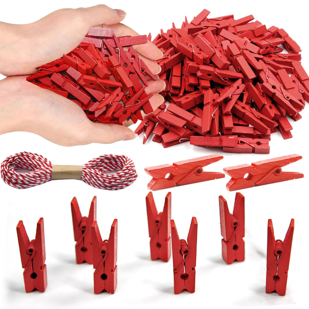1.35 Inch Mini ClothesPins for Photo【100 Pcs】 with 32 Feet Jute Twine，Mini Clothes Pins for Crafts,Wooden Small Clothes Pins for Pictures,Tiny Decorative Clothespins for Baby Shower(Natural Color)