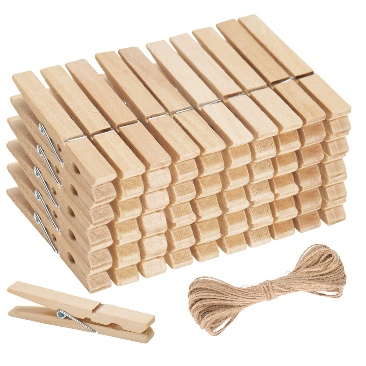KINGLAKE Colored Clothes Pins Wooden - Colored Clothespins for Crafts 2.9 Inch,50 Pcs 10 Colors Colorful Clothespins Clips with Jute String for Hanging Pictures,Photo Displays,Classroom Arts Crafts
