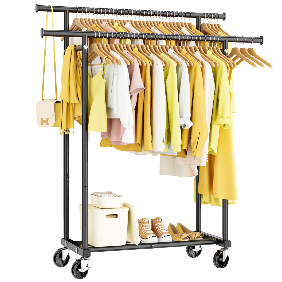 HYSEYY Double Rods Clothes Rack, Rolling Clothing Rack for Hanging Clothes Portable Wardrobe Rack, Metal Garment Rack Sturdy Coat Rack for Bedroom Laundry Living Room, Black