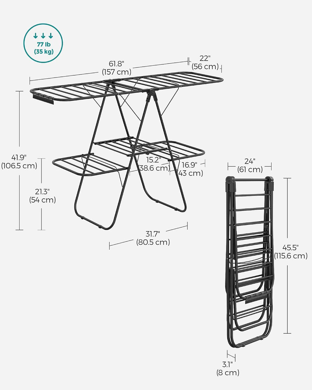 SONGMICS Clothes Drying Rack, Foldable 2-Level Stee Laundry Drying Rack