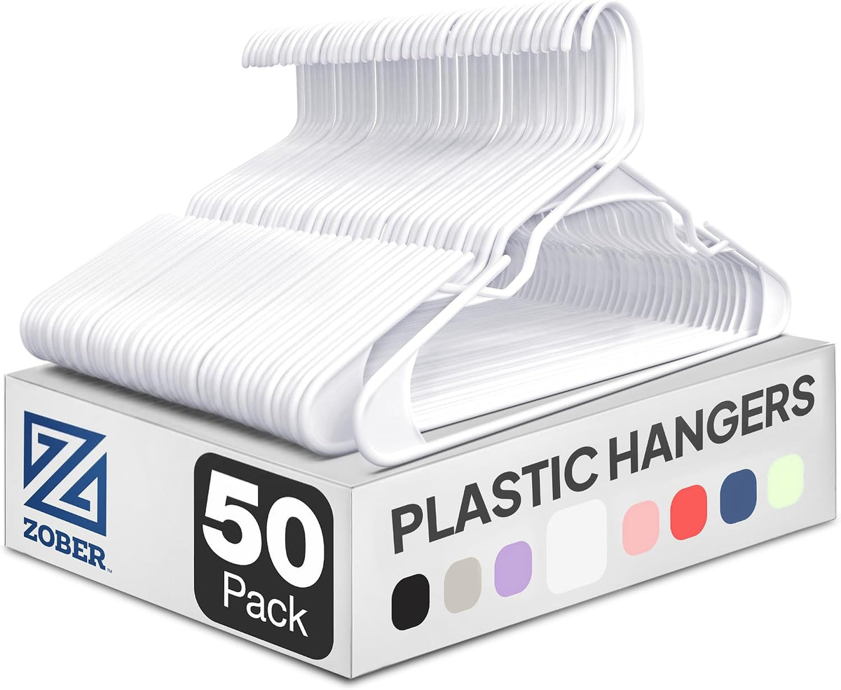 Clothes Hangers - White, Plastic Hangers 50 Pack for Shirts, Dresses, and Pants - Durable, Flexible Plastic Clothing Hangers