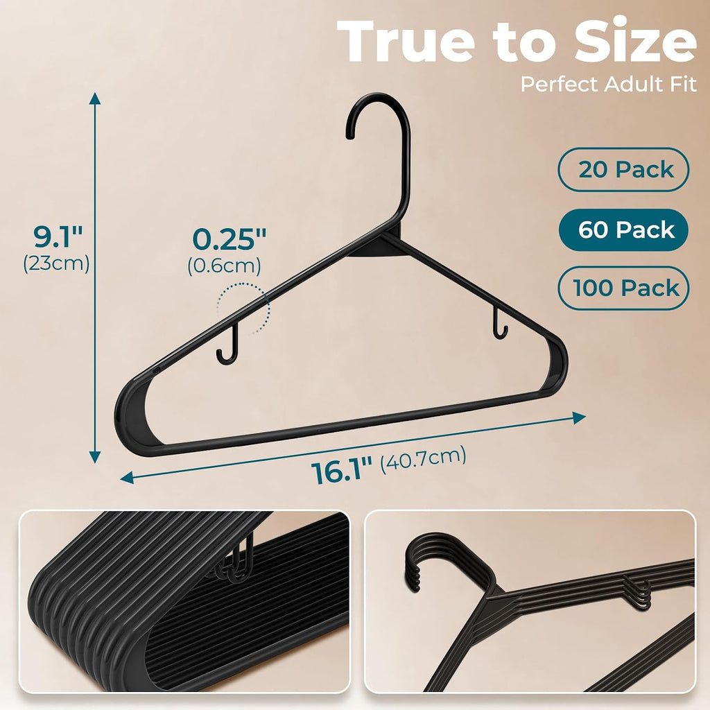 HOUSE DAY Black Plastic Hangers 60 Pack, Slim Space-Saving Clothes Hangers
