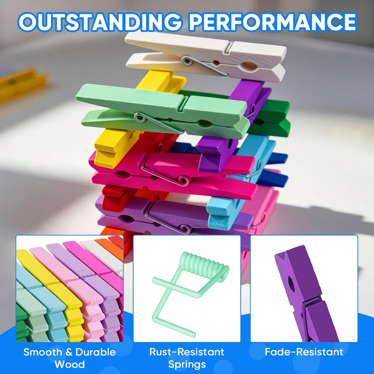 72 PCS Clothes Pins Wooden, 12 Colored Wooden Clothespins Bulk 2.9 Inch for Crafts, Pictures, Photos, Laundry, Classroom, DIY Art Decor, Heavy Duty Clothing Pins Rustproof Spring Wood Clips