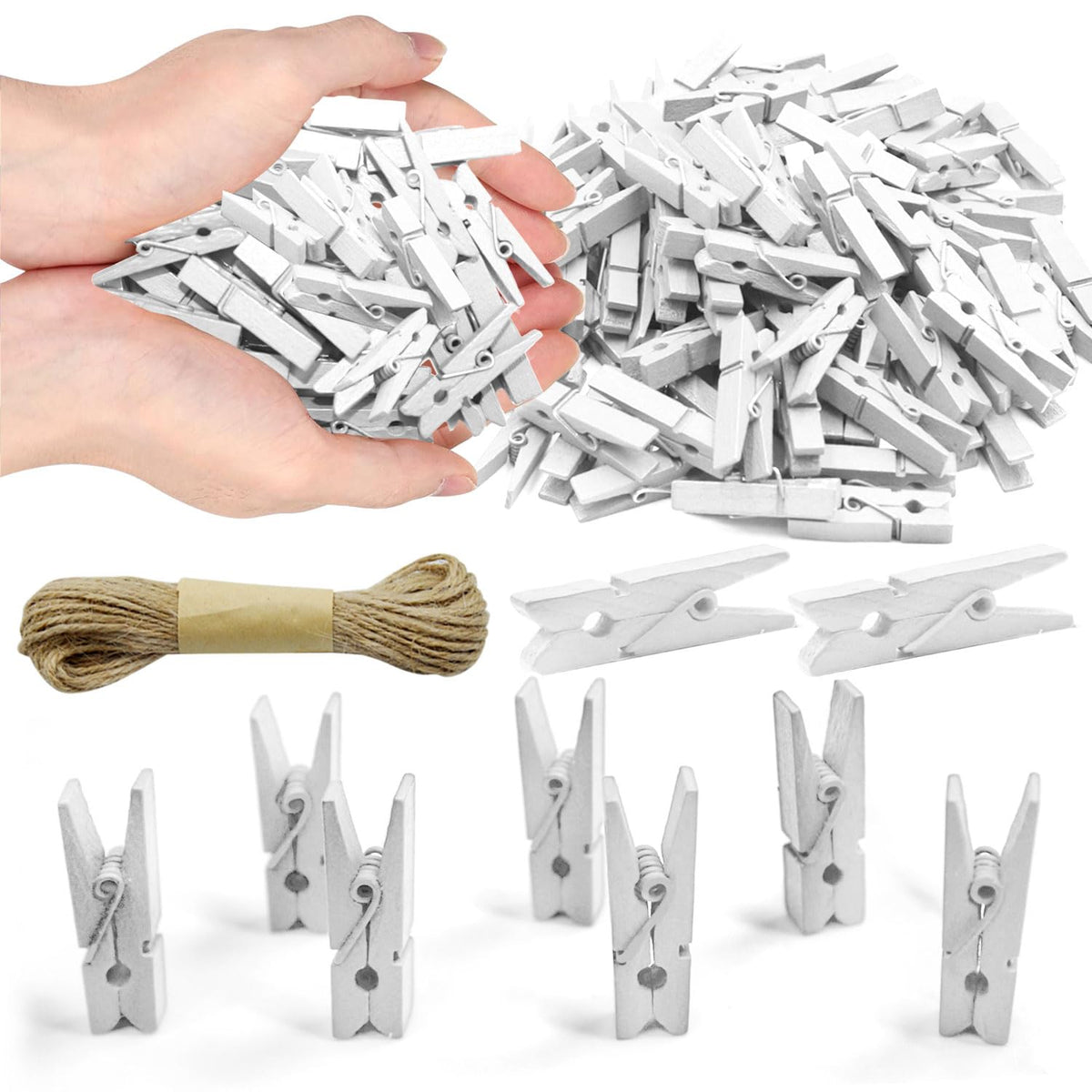 1.35 Inch Mini ClothesPins for Photo【100 Pcs】 with 32 Feet Jute Twine，Mini Clothes Pins for Crafts,Wooden Small Clothes Pins for Pictures,Tiny Decorative Clothespins for Baby Shower(Natural Color)
