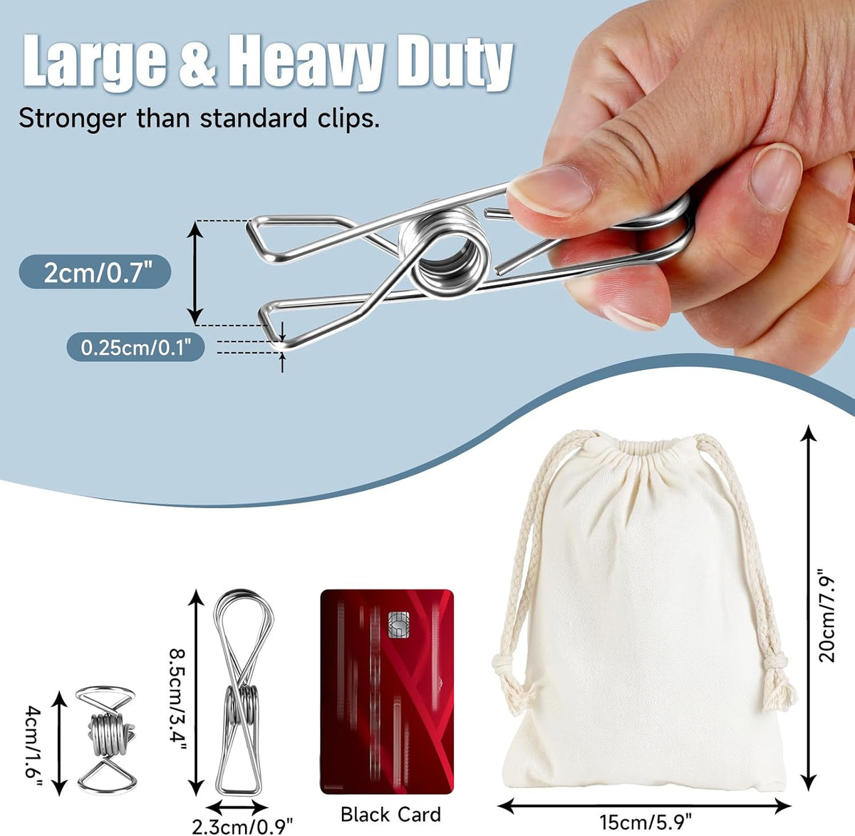 Large Metal Clothes Pins Heavy Duty (20 Pack), 3.4” Stainless Steel Wire Clothespins Outdoor Indoor with Storage Bag, Thick 2.5 mm Rust-Proof Laundry Clips, Strong Clothespin & Metal Bag Clips