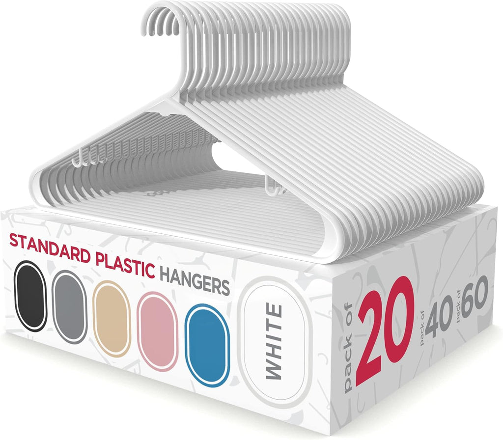 Sharpty Plastic Hangers Clothes Hangers for Clothing, Closet, Coats & Shirts - Durable, Thick, Tough & Space Saving - for Everyday Standard Use, Room Essentials & Basics - 20 Pack - White