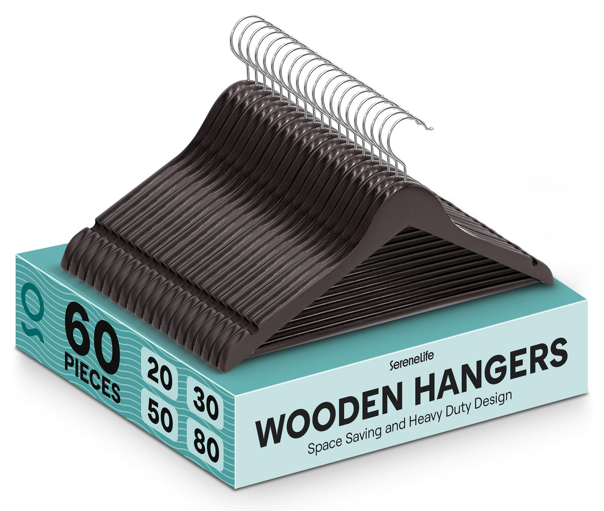 SereneLife 20 Pack Wooden Coat Hangers – Durable Suit Hangers with 360° Swivel Hook & Notches – Slim Design for Shirts, Jackets, Dresses, and More