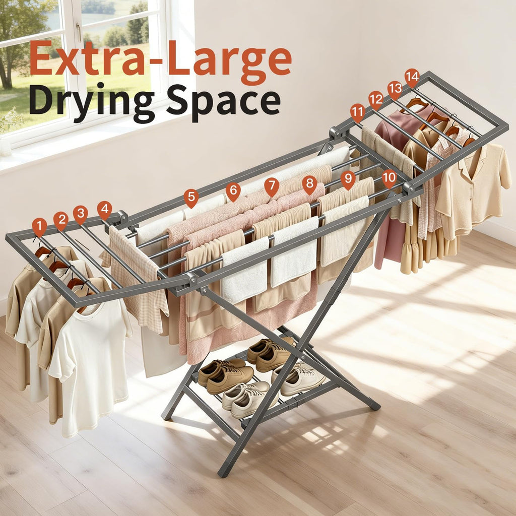 Clothes Drying Rack Heavy Duty, Foldable Laundry Dryer Stand for Clothing & Towel, Free Standing Collapsible for Indoor & Outdoor, 2-Level Clothing Drying Rack, 63" L× 17.7" W, Gray