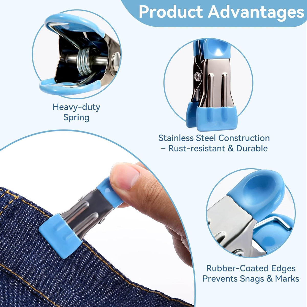 Heavy Duty Clothes Pins, 30 Pack 2.17 Inch Stainless Steel Chip Clips with Rubber, 6 Colors Metal Clothespins, Multipurpose Bag Clips for Food Storage, Laundry Clothesline, Socks (Multicolor)