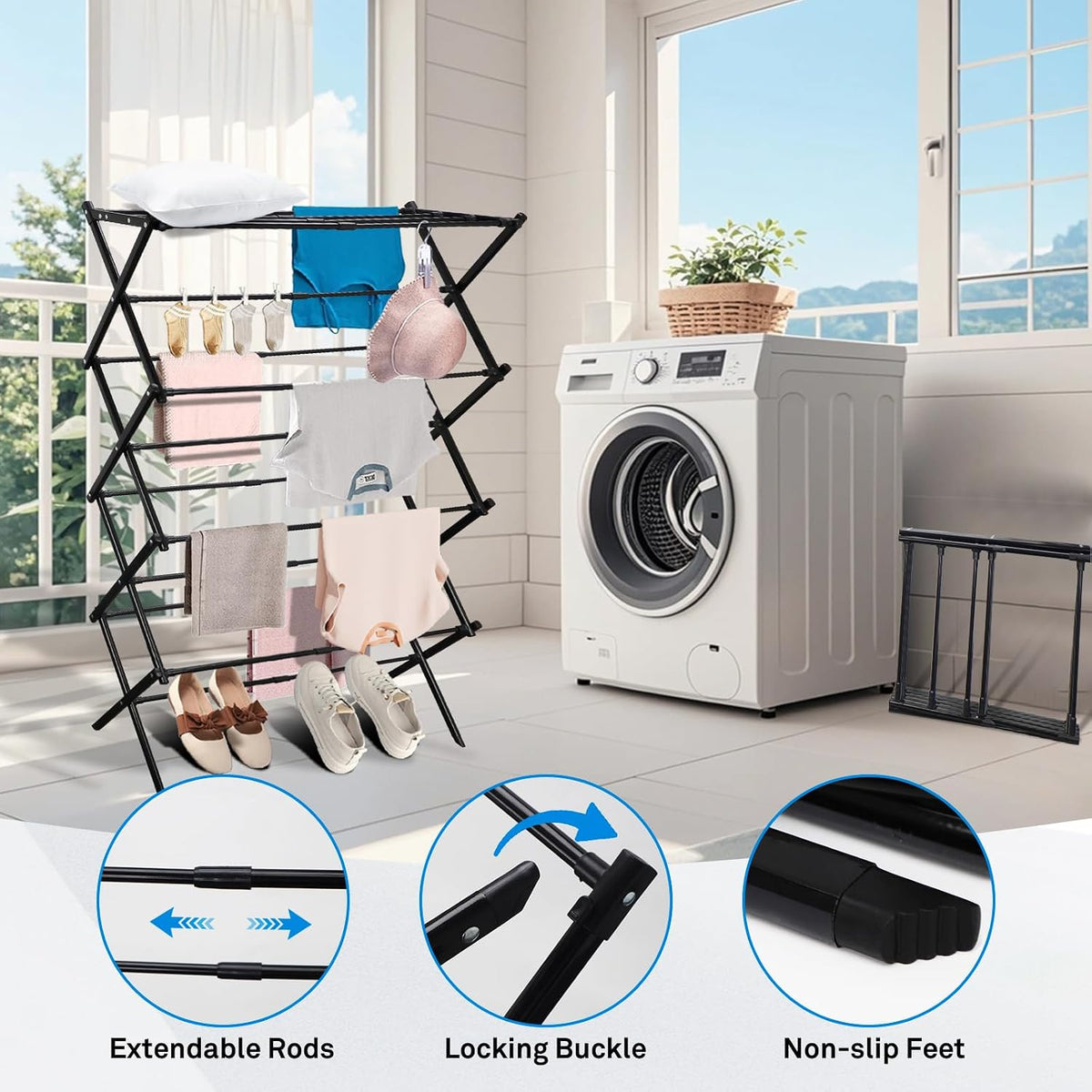 MOYEE 4-Tiers Drying Space, Foldable Clothes Drying Rack, Laundry Drying Rack, Clothes Airer, Steel Frame，Indoor Outdoor Use