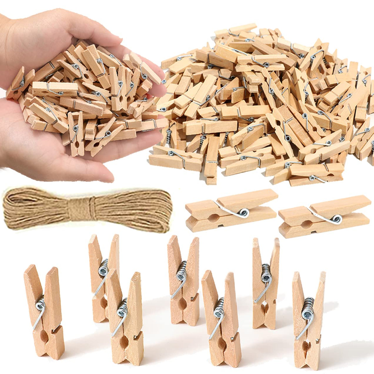 1.35 Inch Mini ClothesPins for Photo【100 Pcs】 with 32 Feet Jute Twine，Mini Clothes Pins for Crafts,Wooden Small Clothes Pins for Pictures,Tiny Decorative Clothespins for Baby Shower(Natural Color)