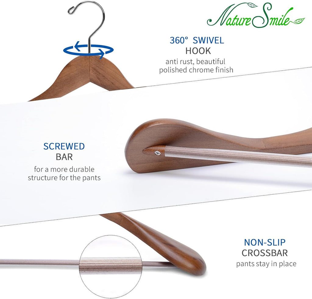 Nature Smile Luxury Wooden Suit Hangers 6 Pack Wood Coat Hangers Jacket Outerwear Shirt Hangers,with Extra-Wide Shoulder, 360 Degree Swivel Hooks & Anti-Slip Bar with Screw(Retro Color)