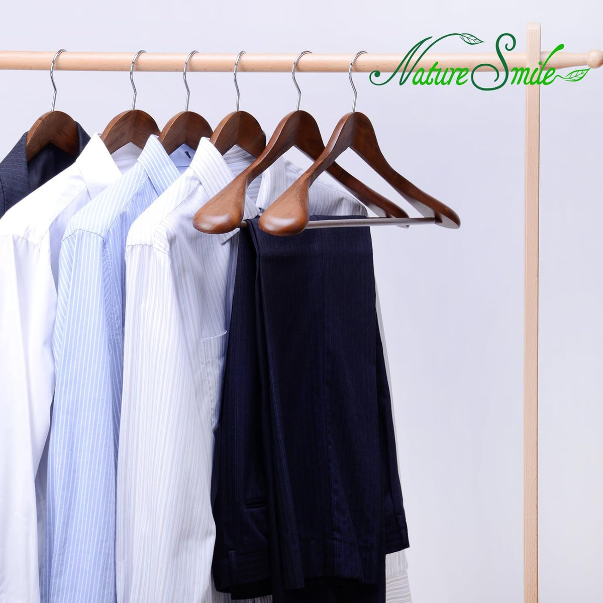 Nature Smile Luxury Wooden Suit Hangers 6 Pack Wood Coat Hangers Jacket Outerwear Shirt Hangers,with Extra-Wide Shoulder, 360 Degree Swivel Hooks & Anti-Slip Bar with Screw(Retro Color)