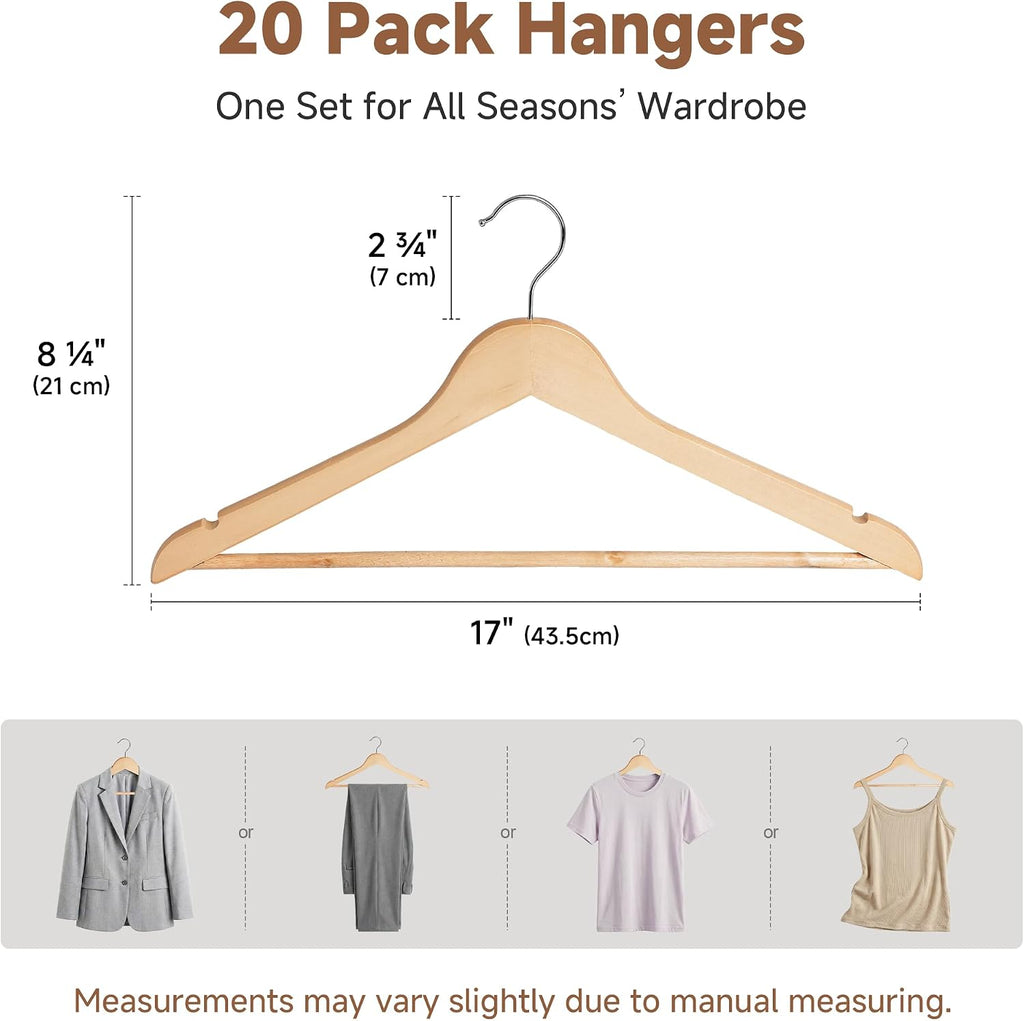 StorageWorks Wooden Coat Hangers, 20 Pack Wood Clothes Hanger for Closet