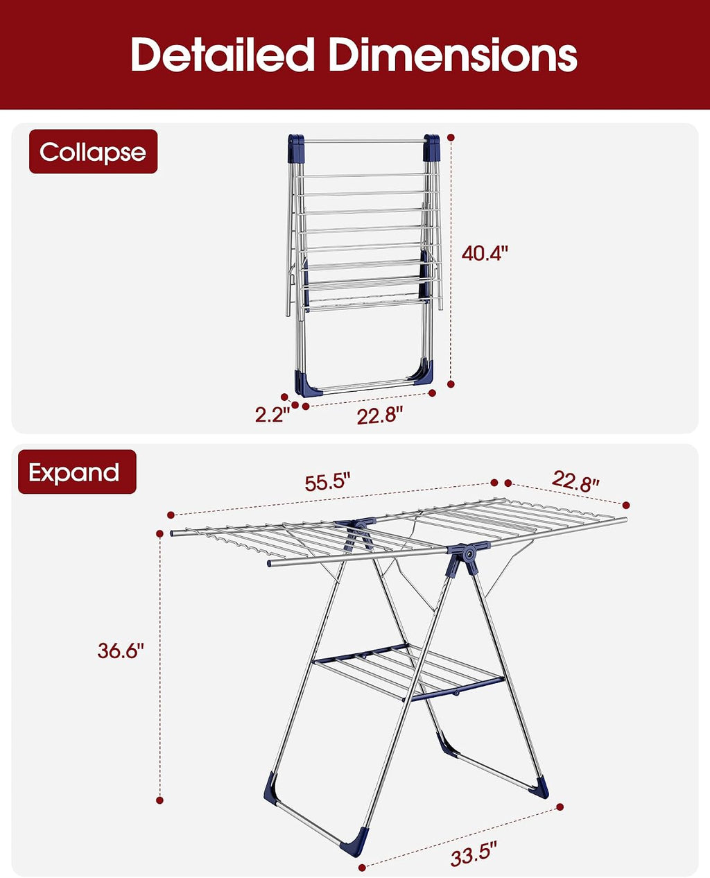 Sakugi Clothes Drying Rack, 55.5" Adjustable Wings, Foldable Design