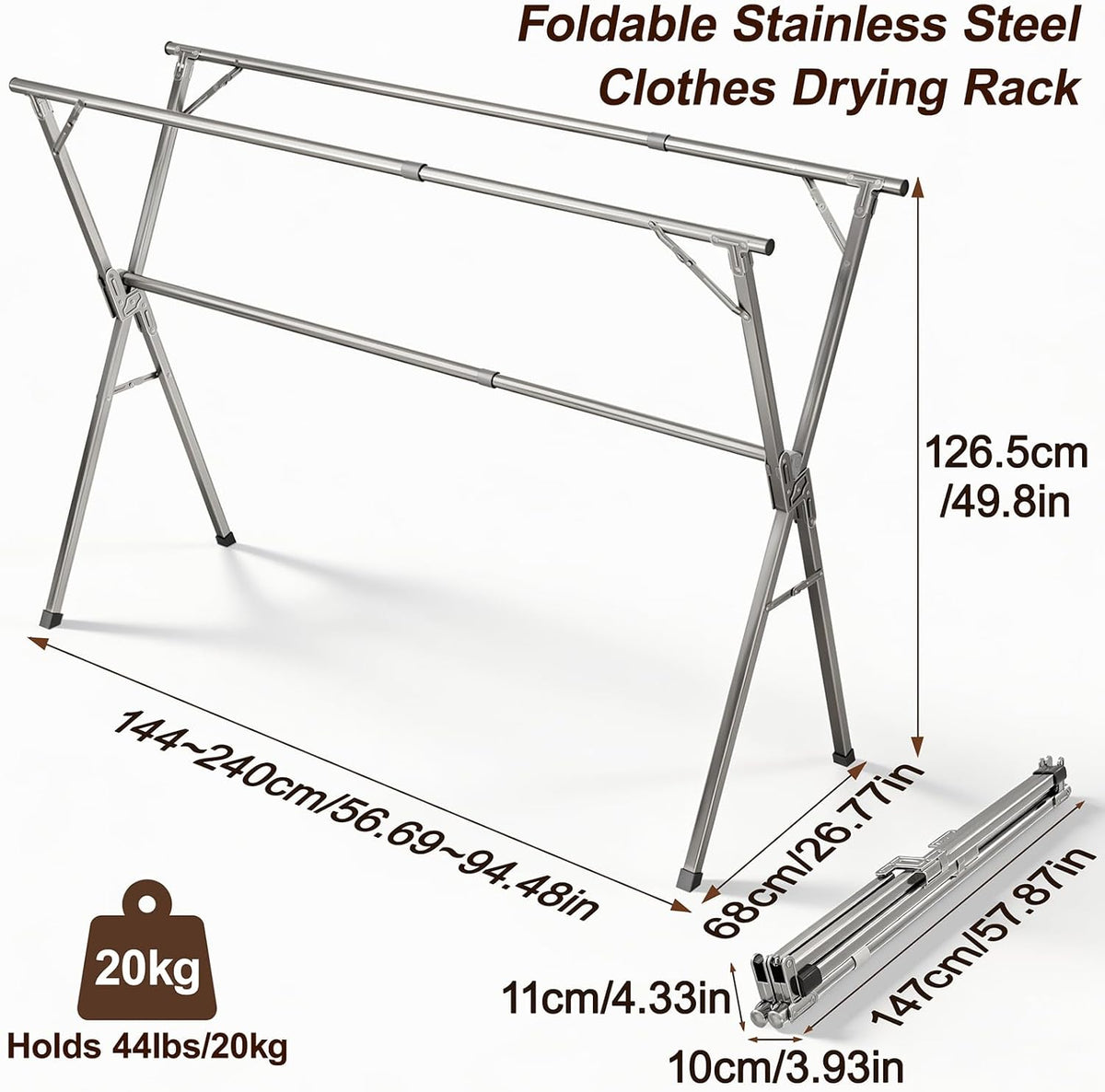 Spreezy 94 Inch Clothes Drying Rack, Stainless Steel, Indoor/Outdoor