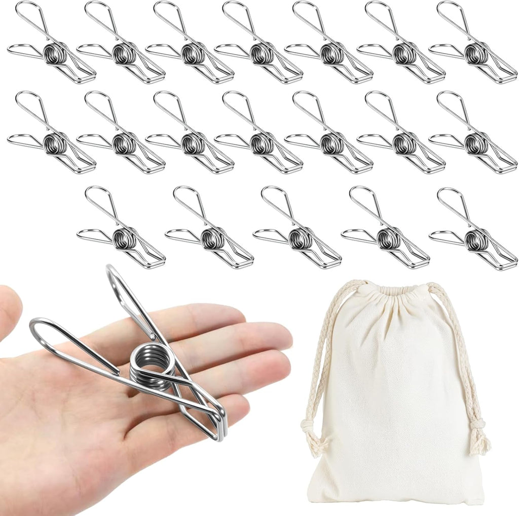 Large Metal Clothes Pins Heavy Duty (20 Pack), 3.4” Stainless Steel Wire Clothespins Outdoor Indoor with Storage Bag, Thick 2.5 mm Rust-Proof Laundry Clips, Strong Clothespin & Metal Bag Clips