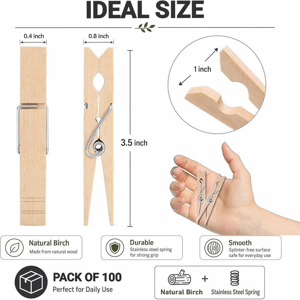 Clothes Pins Wooden Large Clothespin for Laundry 3.5 inch【100 Pack】