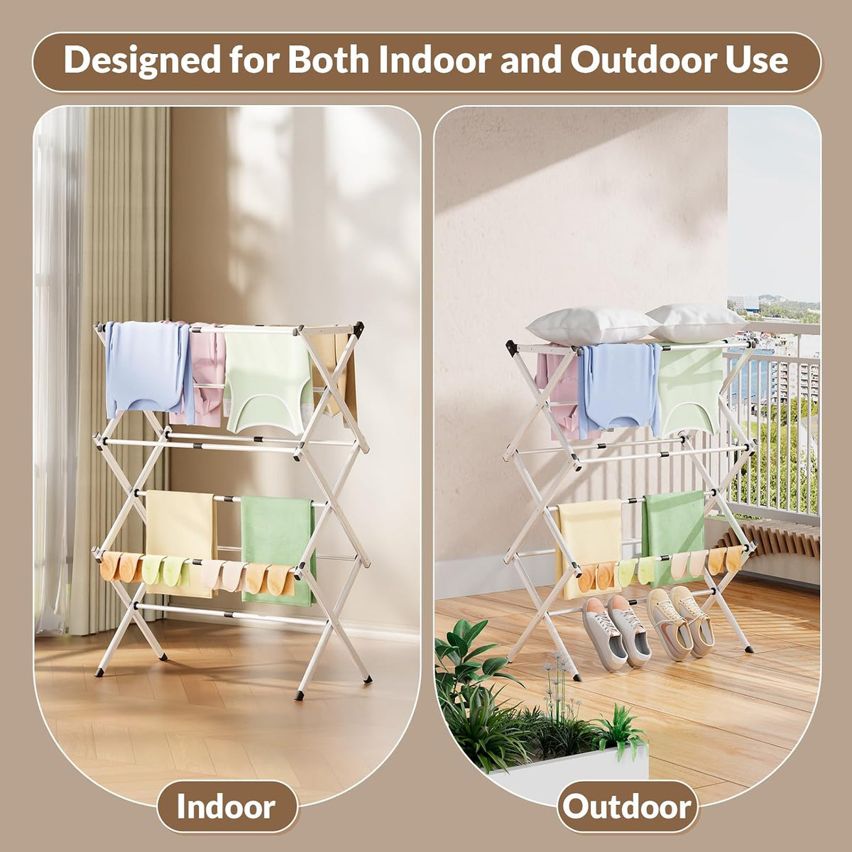 Foldable Clothes Drying Rack - 3-Tier Laundry Drying Rack, Collapsible Metal Indoor Airer, Portable X-Type Clothing Dryer with Shoe Hanger for Home & Balcony (No Assembly Required)