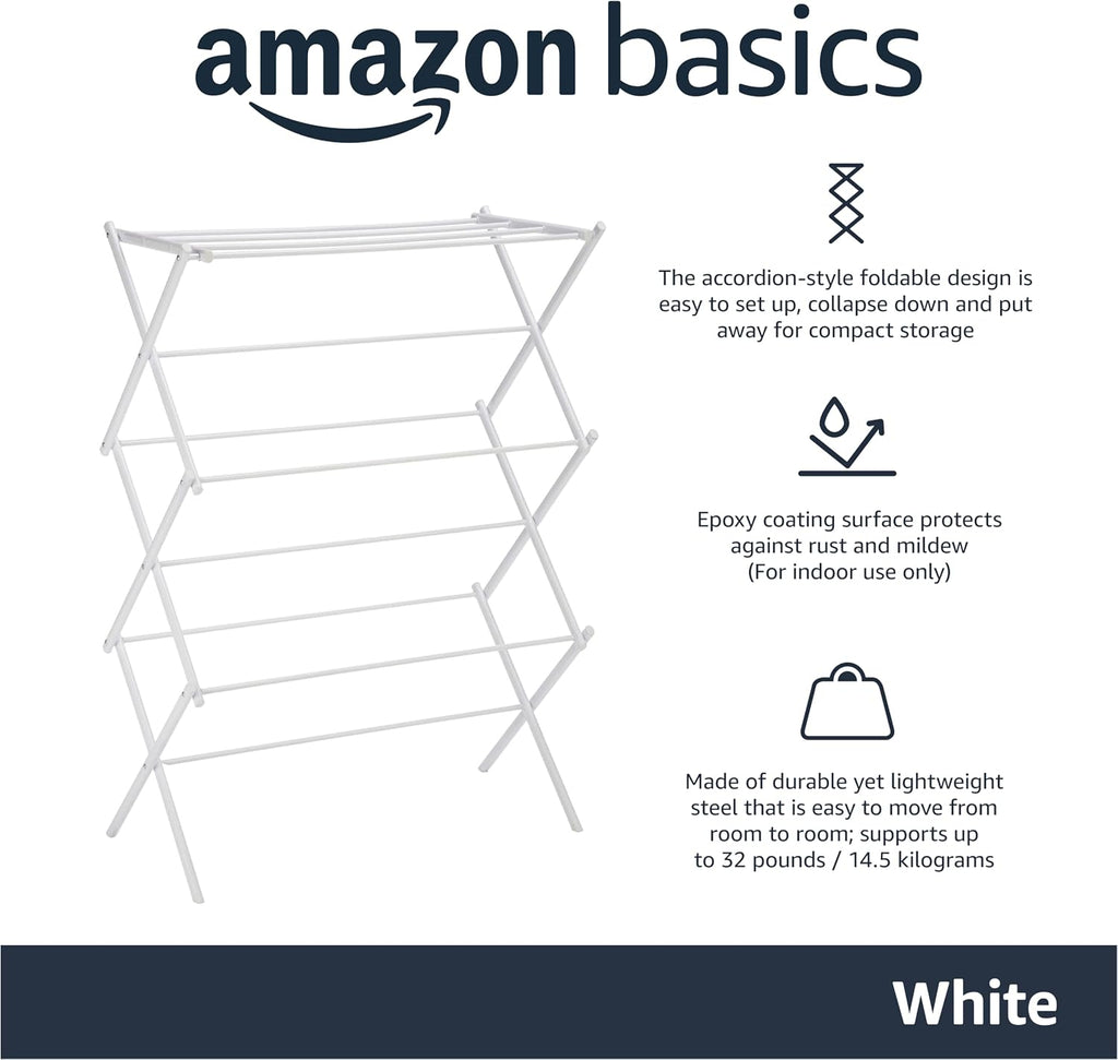 Amazon Basics Foldable Portable Clothes Drying Rack for Indoor Air Drying, Collapsible Design, 14.5" D x 29.5" W x 41.8" H, White