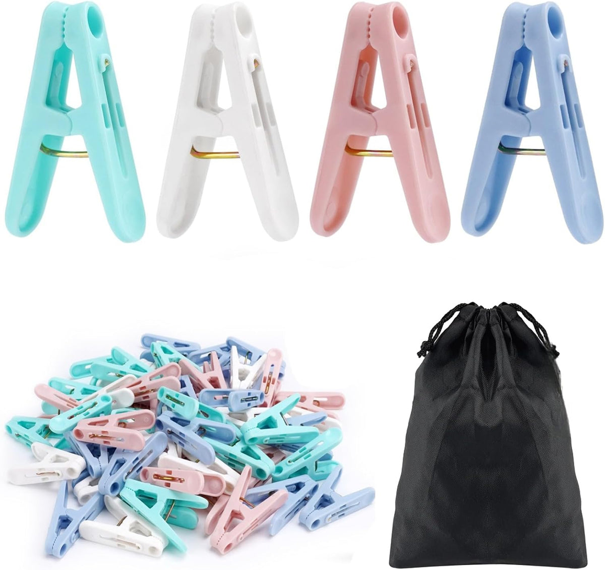 56 Pcs Colorful Clothespins, 4 Colors Spring Clips (2 Inch) Small Clothes Pin with Black Storage Bag - for Laundry, Drying Clothes, Home Use