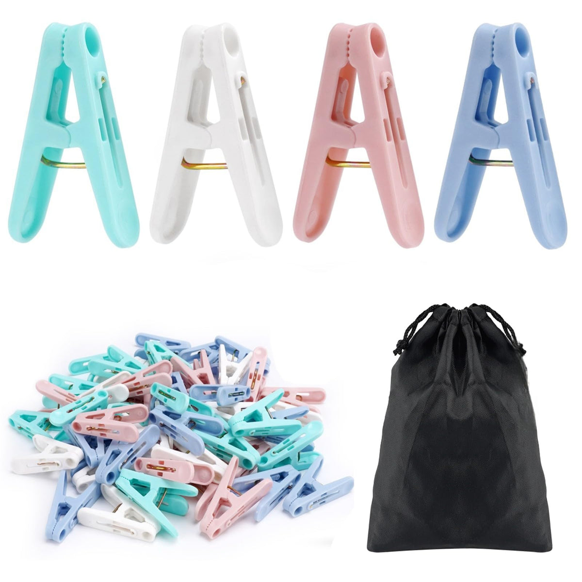 56 Pcs Colorful Clothespins, 4 Colors Spring Clips (2 Inch) Small Clothes Pin with Black Storage Bag - for Laundry, Drying Clothes, Home Use