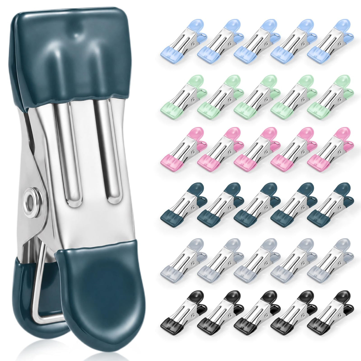 Clothes Pins, Senbowe 30 Pack Chip Clips, 2.17 Inch Metal Chip Bag Clips, Food Clips for Kitchen Stainless Steel with Rubber, Clothespins for Photo Drying Clothesline