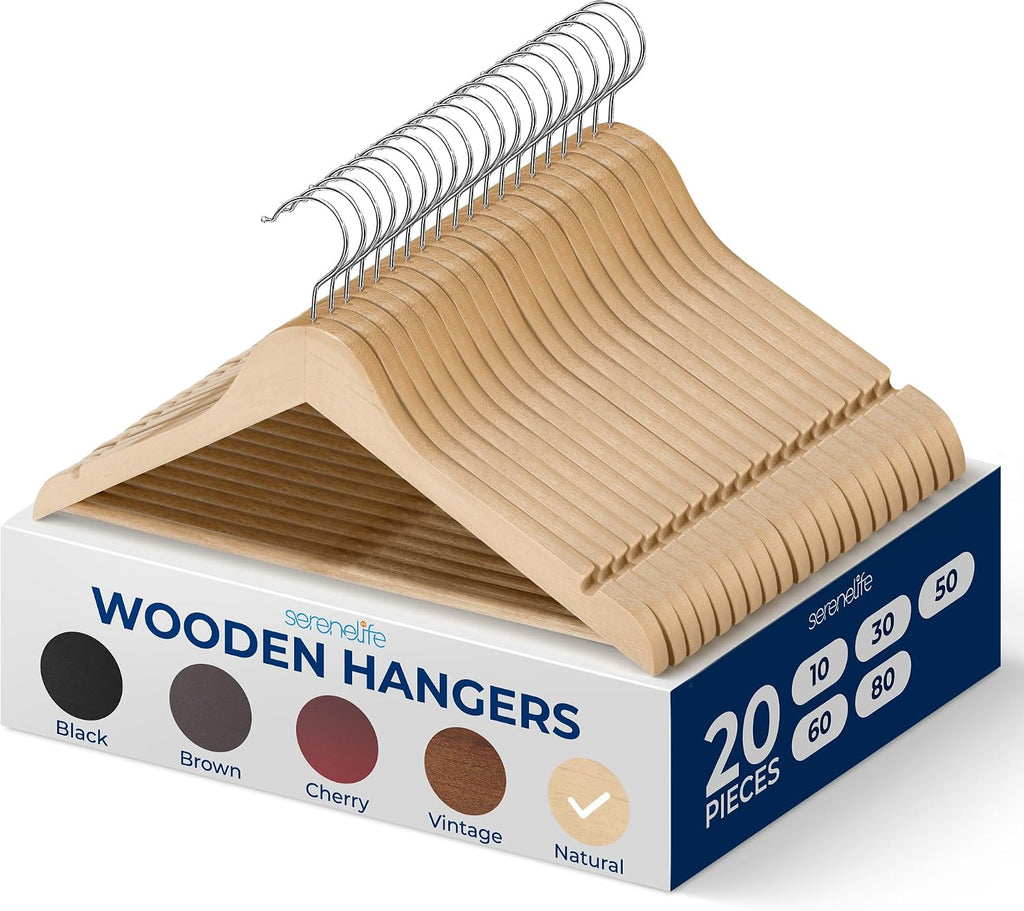 SereneLife 20 Pack Wooden Coat Hangers – Durable Suit Hangers with 360° Swivel Hook & Notches – Slim Design for Shirts, Jackets, Dresses, and More