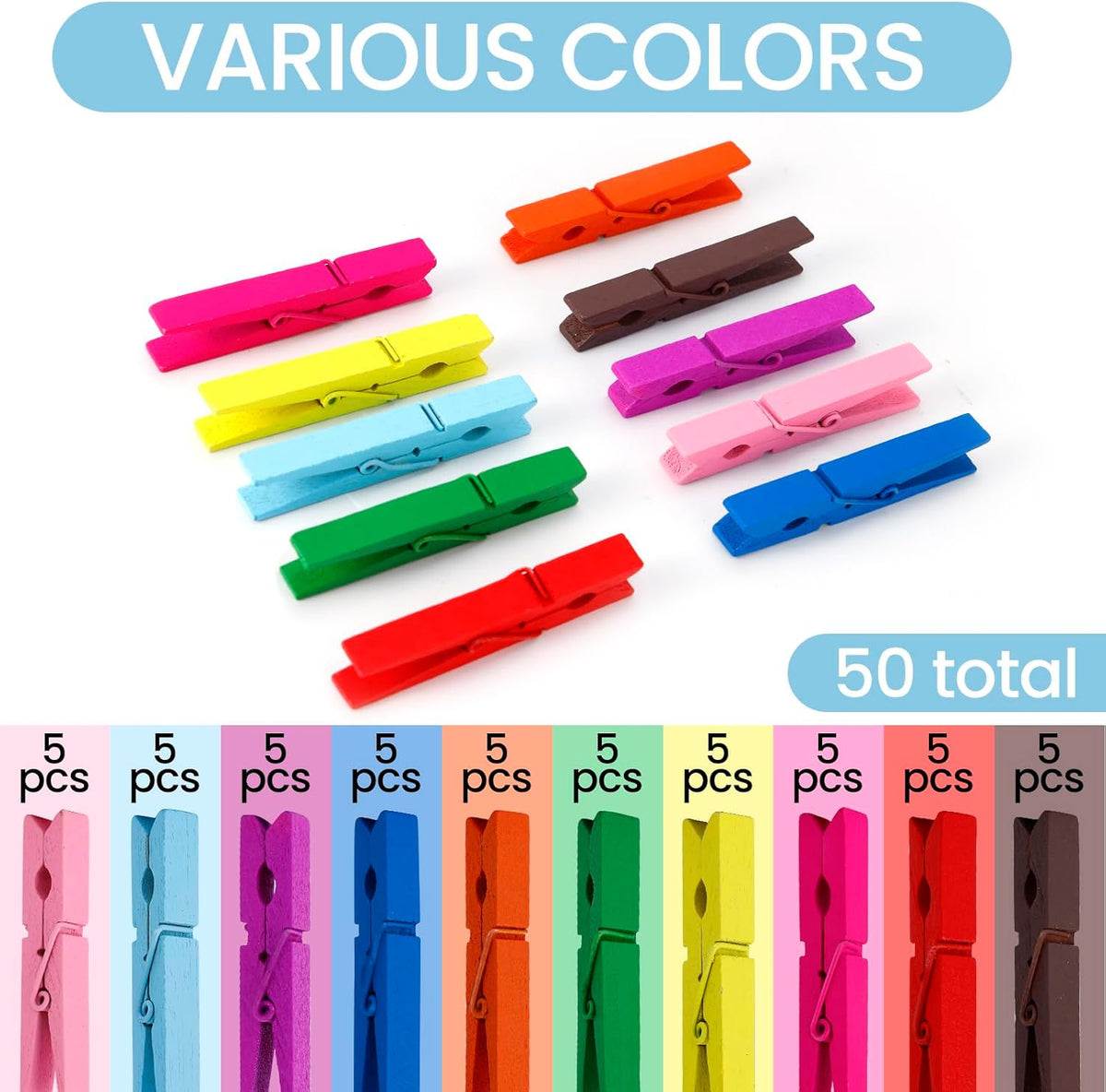 50PCS Colored Wooden Clothespins 2.9 Inch Color Clothes Pins for Pictures