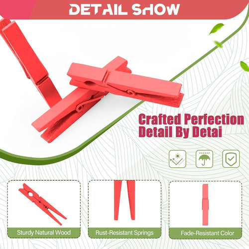 100 Pcs Red Clothes pins - 2.9 Inch Wooden Clothespins Cheer Clips