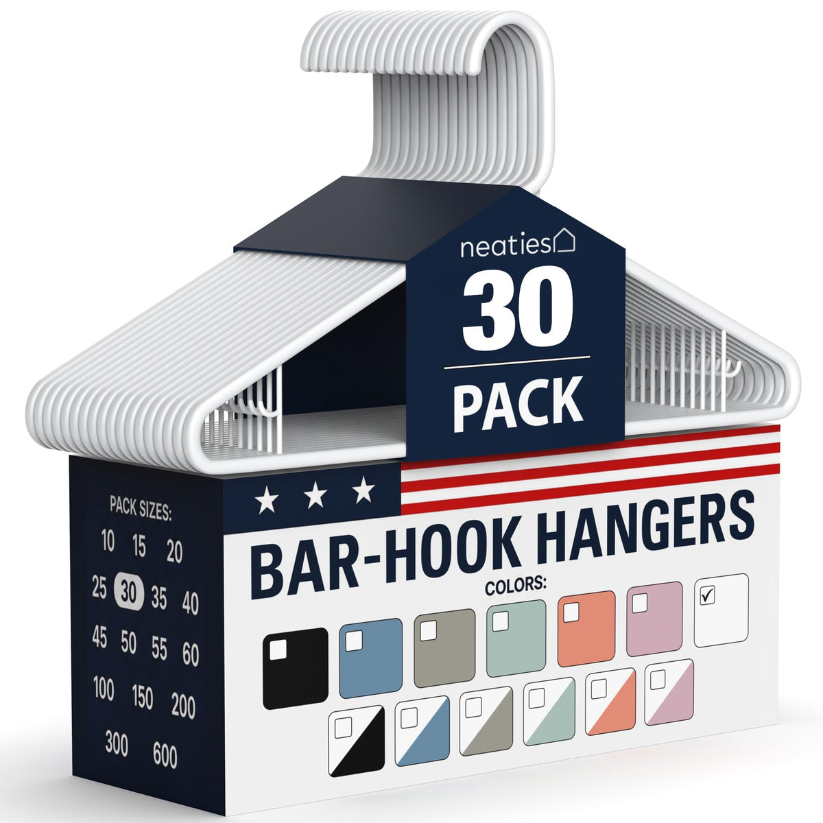 Plastic Hangers 30 Pack – Made in the USA – 6lb Capacity Standard Clothes Hangers with Strap Hooks for Dresses, Lingerie, Shirts, Pants, and Jackets – White