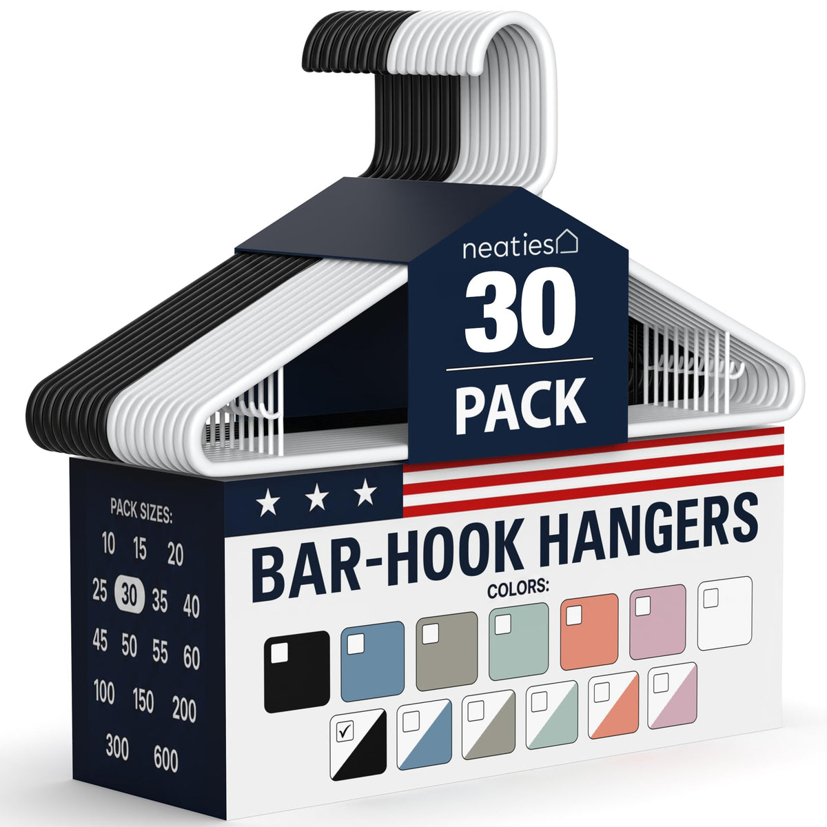 Plastic Hangers 30 Pack – Made in the USA – 6lb Capacity Standard Clothes Hangers with Strap Hooks for Dresses, Lingerie, Shirts, Pants, and Jackets – White