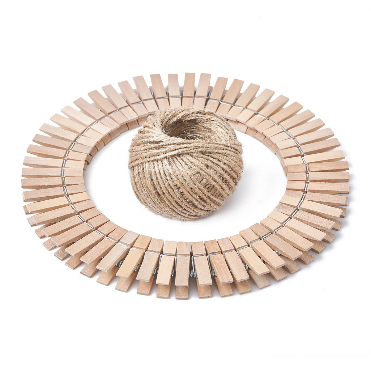 HSTECH 100 Pcs White Mini Natural Wooden Clothespins and 82 Ft Jute Twine, Baby Clothes Pins, 1.38in Craft Photo Clips for Home School Arts Crafts Decor, DIY Decoration's, Arts and Crafts, Weddings