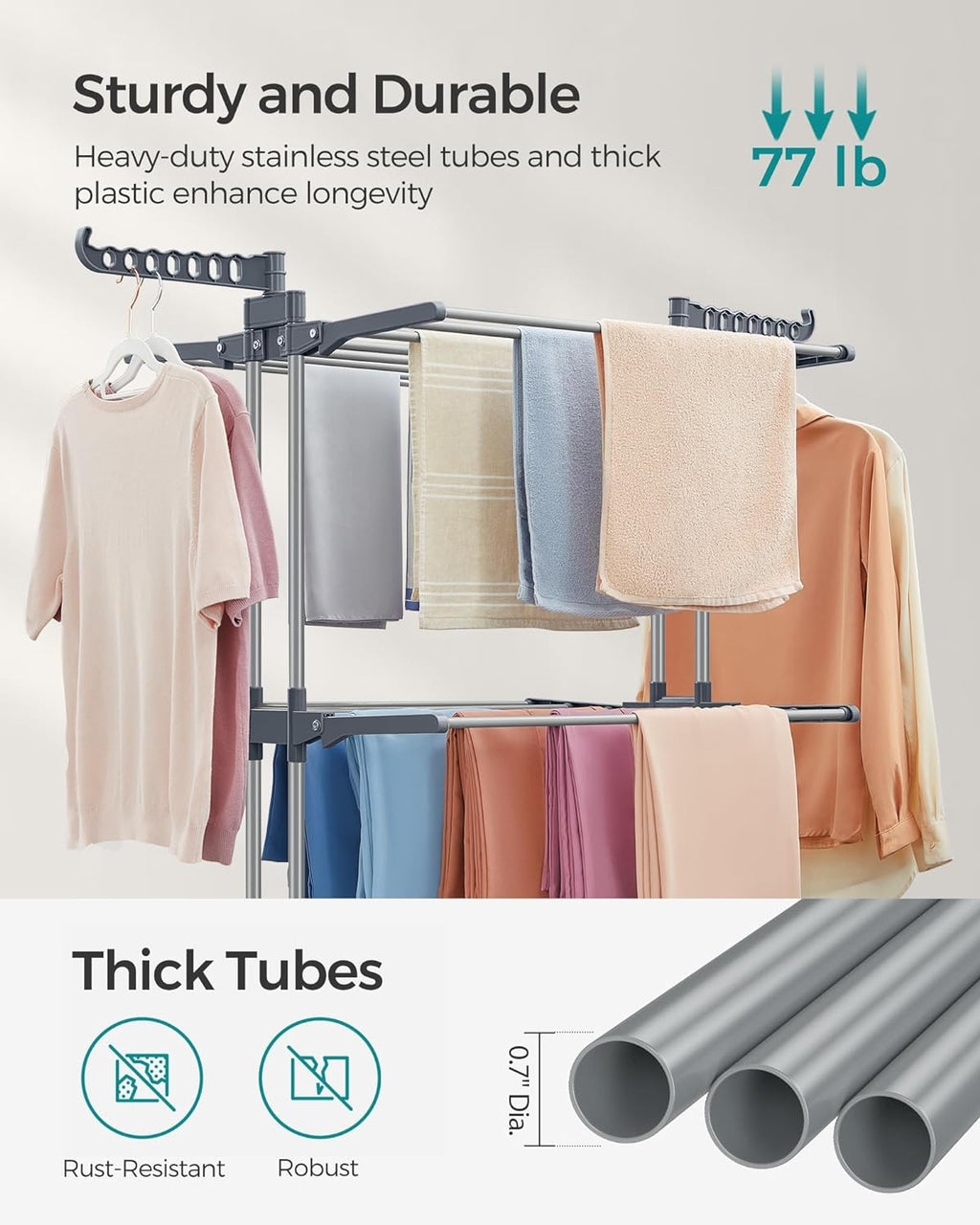SONGMICS 4-Tier Clothes Drying Rack, Foldable, Rolling, 66.6-Inch Tall