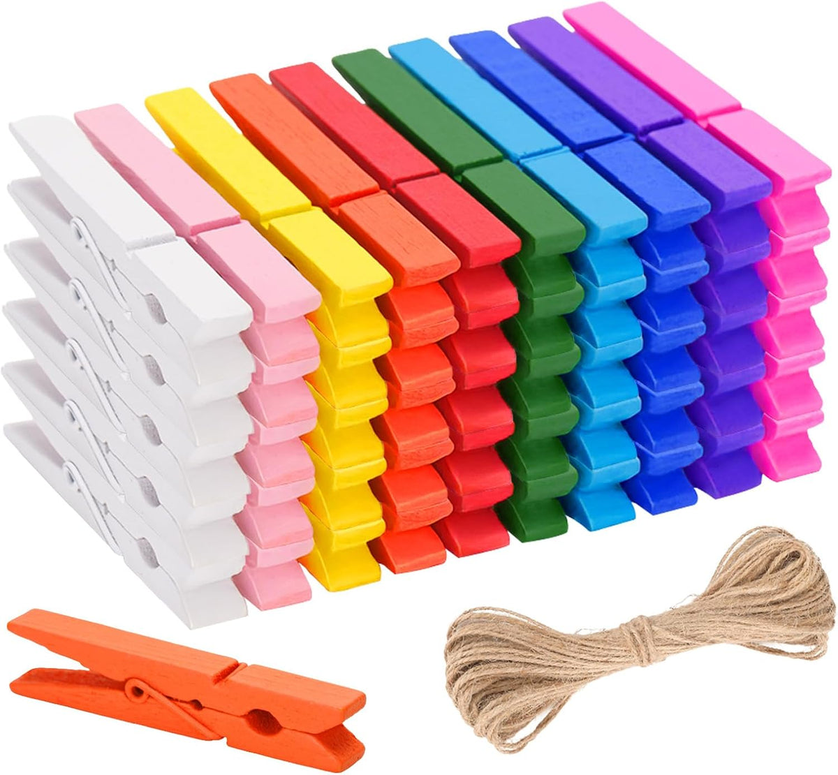 KINGLAKE Colored Clothes Pins Wooden - Colored Clothespins for Crafts 2.9 Inch,50 Pcs 10 Colors Colorful Clothespins Clips with Jute String for Hanging Pictures,Photo Displays,Classroom Arts Crafts