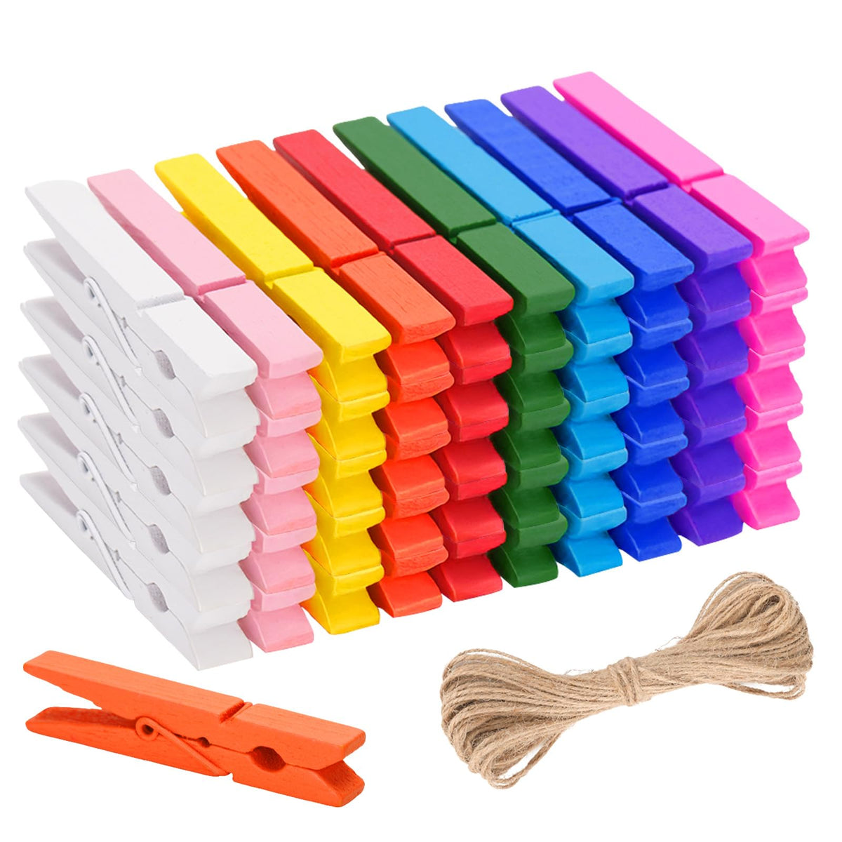 KINGLAKE Colored Clothes Pins Wooden - Colored Clothespins for Crafts 2.9 Inch,50 Pcs 10 Colors Colorful Clothespins Clips with Jute String for Hanging Pictures,Photo Displays,Classroom Arts Crafts