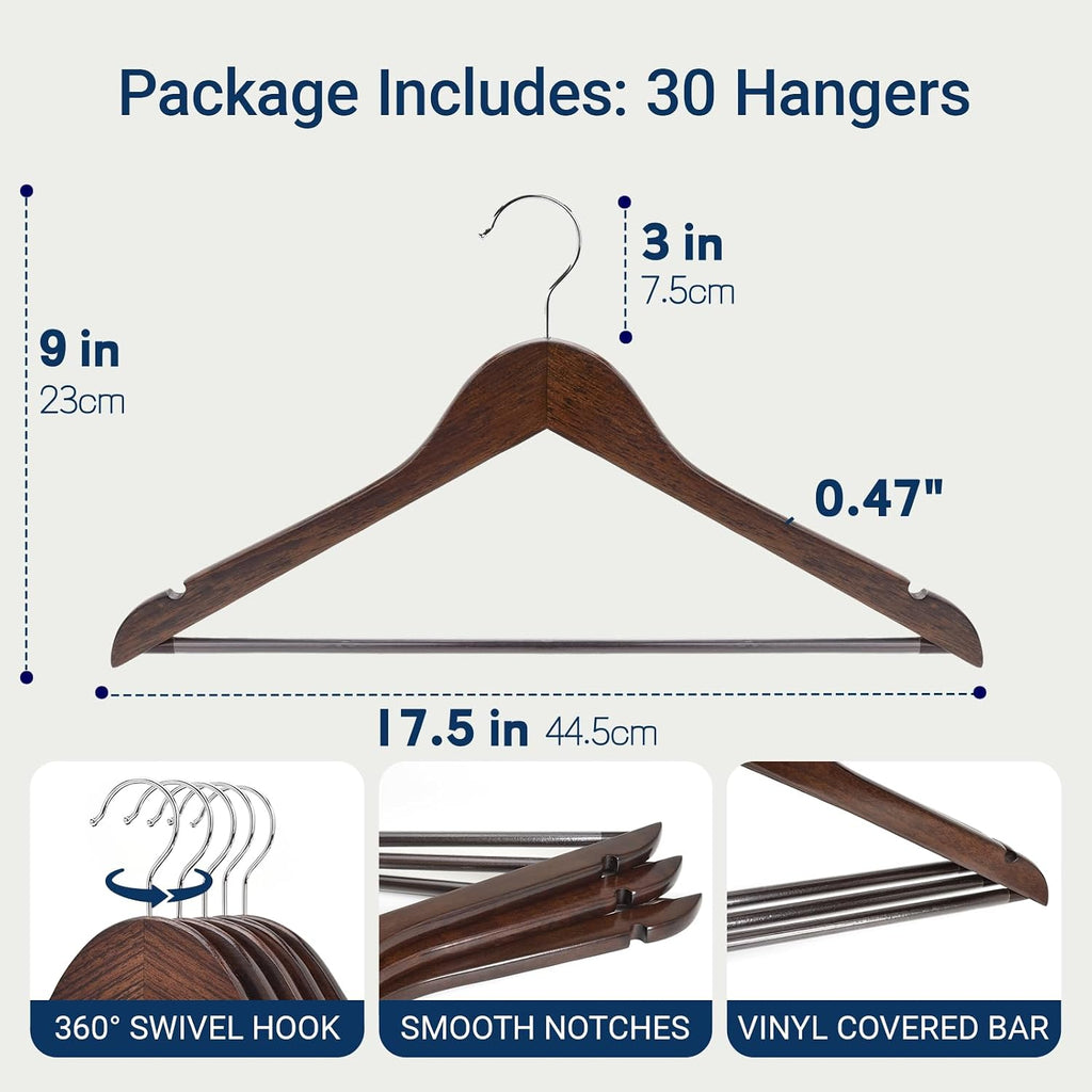 Amber Home 30 Pack Retro Wooden Coat Hangers, Wood Suit Hangers