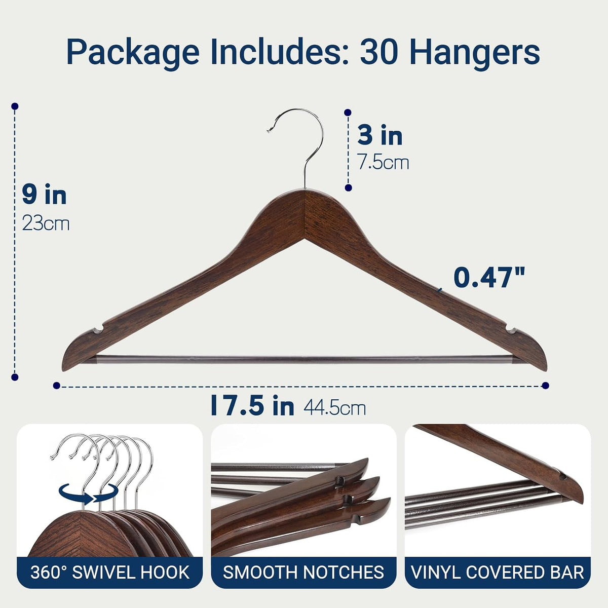 Amber Home 30 Pack Retro Wooden Coat Hangers, Wood Suit Hangers