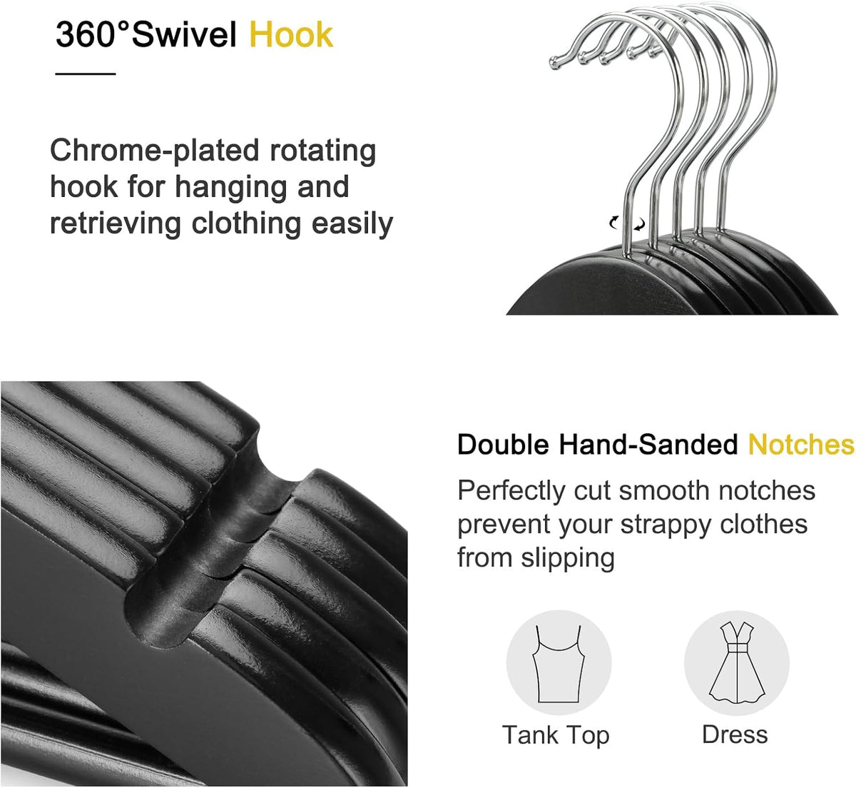 TOPIA HANGER Wooden Coat Hangers 30 Pack, Black Wood Suit Hangers, 360° Swivel Hook and Non-Slip Shoulder Notches for Camisole, Jacket, Pant, Shirt, Smooth Finished Clothes Hangers -CT54B30