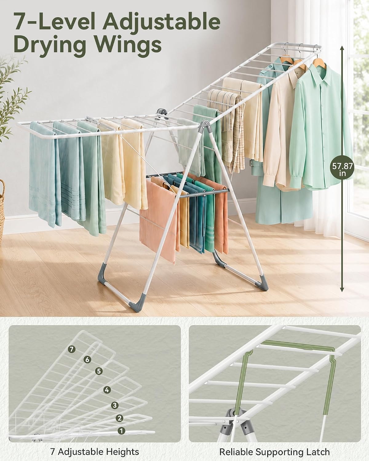 APEXCHASER 2-Tier Gullwing Clothes Drying Rack, 28-Rod Foldable, Adjustable